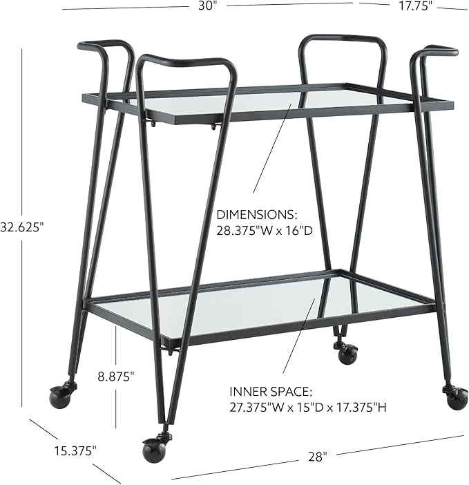 Gina Black Mid Century Bar Cart with Mirrored Shelves by Linon