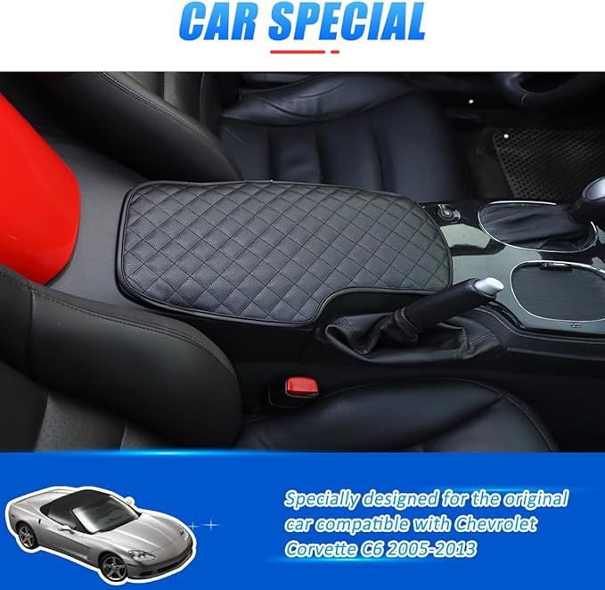 Car Arm Rest Cushion Pad Protector Compatible with Chevrolet Corvette C6 2005-2013 Car Center Armrest Cover,Leather Console lid Protector,Center Console Pad Anti-Scratch Accessories (Black)