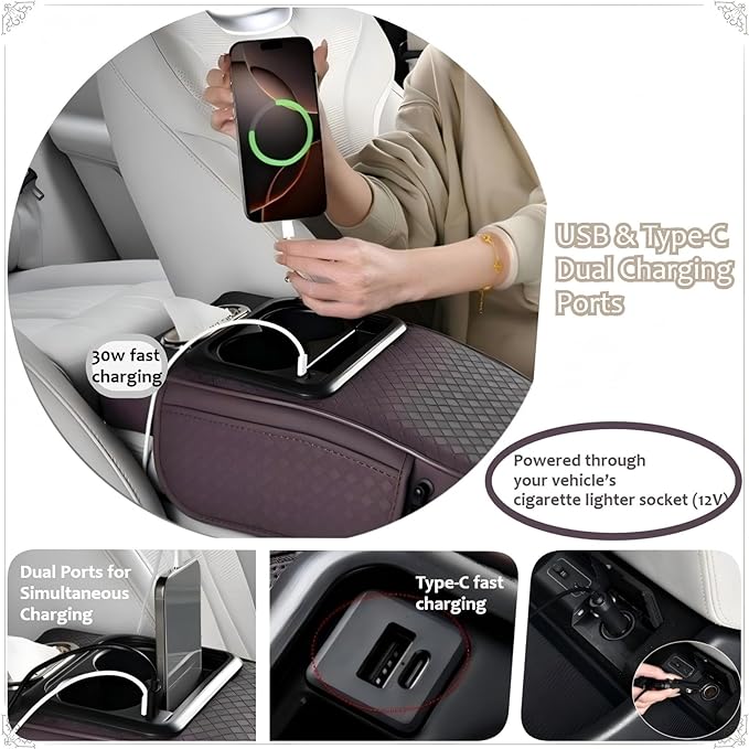 2026 Upgraded Car Center Console Cushion with 30w USB& Type-C Charging Ports, Leather Car Armrest Pad Cover, Interior Accessories for Most Vehicles (Ergonomic Sloped Version, Black)