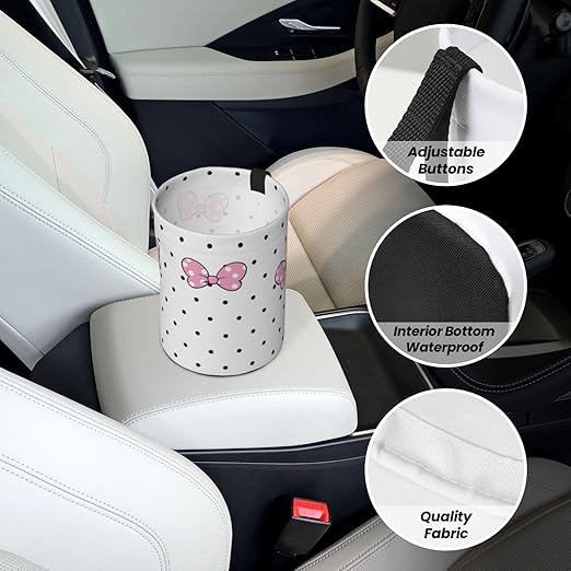 Cute White Polka Dots Pink Bow Car Trash Can Garbage Cans Foldable,Small Hanging Car Organizer Storage Bag Leak Proof, Auto Back Seat Trash Bin Universal for Truck, SUV, Outdoor Travel