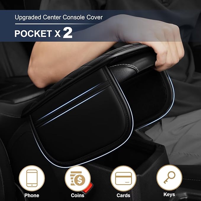 YORKNEIC Center Console Cover Fit for Ford Edge: Middle Console Cover with 2 Storage Pocket,Faux Leather Waterproof Anti-Scratch Car Armrest Cover Protector(Black)
