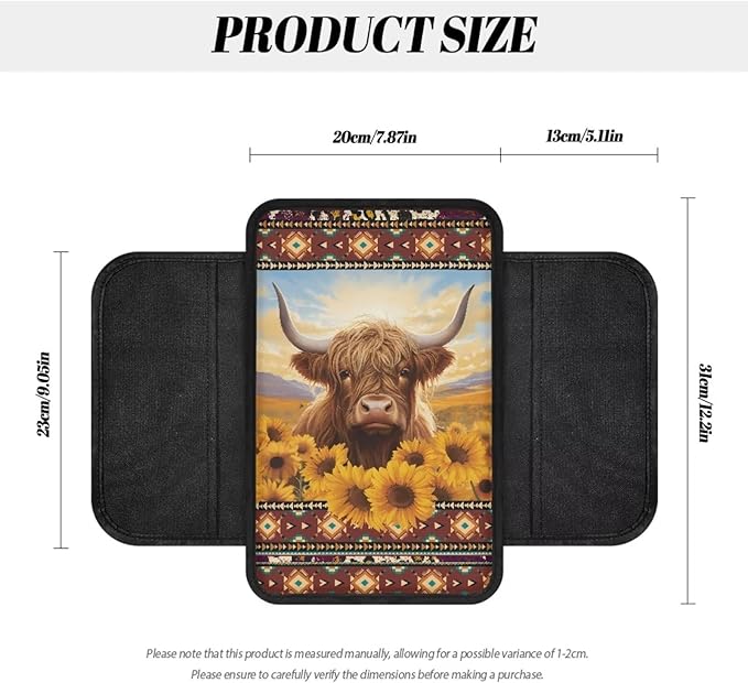 BIGCARJOB Car Center Console Cover Funny Highland Cow Print Auto Interior Accessories Car Armrest Cover Cushion Car Armrest Storage Box Sunflower Print Armrest Cover for Car SUV Truck