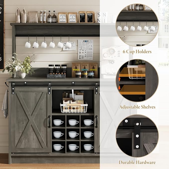 4ever2buy Farmhouse Coffee Bar Cabinet with Hutch, 47 Inch Wine Bar with Storage, Buffet Cabinet with Adjustable Shelves & 9 Wine Racks, Kitchen Buffet Cabinet for Dining Living Room, Grey