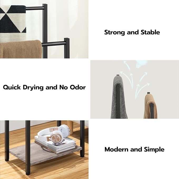 HOOBRO Freestanding Towel Rack, 2 Tier Blanket Ladder Holder for Bathroom, 16.5" L x 9.4" W x 31.5" H, Blanket Rack, Industrial Drying and Display Rack with Shelf, Metal, Greige and Black BG02LB01