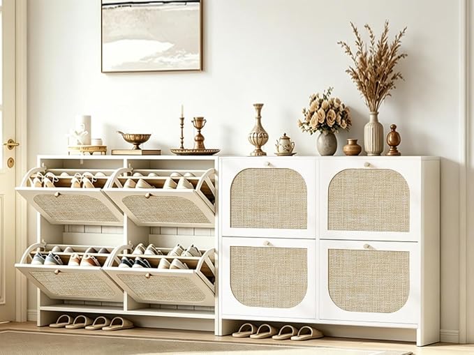 Nicetree Shoe Storage Cabinet for Entryway, 9.5" Ultra Slim White Hidden Shoe Rack with 4 Flip Drawers, Boho Teslin Woven Shoe Organizer for Men's Size 13.5 Boots