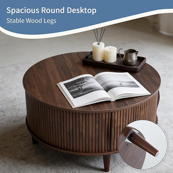 DUMOS Coffee Table, Round Coffee Tables with Storage, Fluted Center Table for Living Room, 31.69" Mid Century Modern Table with Sliding Cabinet Door, 2-Tier Rustic Wood Desktop, Brown