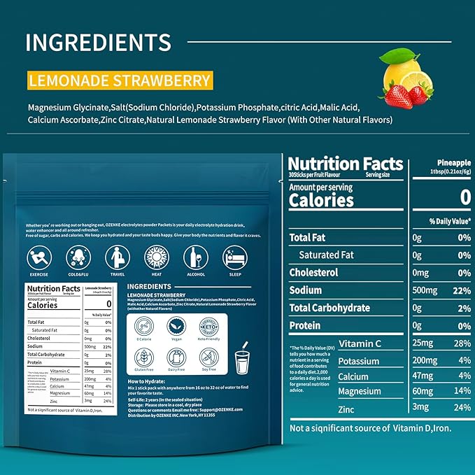 Electrolytes Powder Packets, 30 Sticks Hydration Packets Sugar Free, Electrolyte Drink Mix Portable Electrolyte Packet for Rapid Hydration, 0 Sugar & 0 Calorie, Lemon & Strawberry Flavor