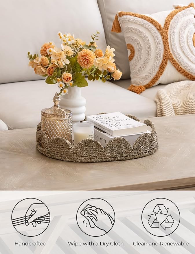 StorageWorks Scalloped Edge Wicker Serving Tray, Woven Rattan Table Trays with Handle, Wicker Tray for Room Décor, Seagrass Tray for Ottoman, Scalloped Organizer Trays