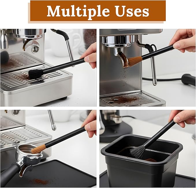 2PCS Coffee Grinder Brush Set, Espresso Machine Cleaning Brush Kit with Natural Wooden Handle, Multifunctional Coffee Brushes Cleaning Tool with Spoon for Barista Coffeebar Accessories