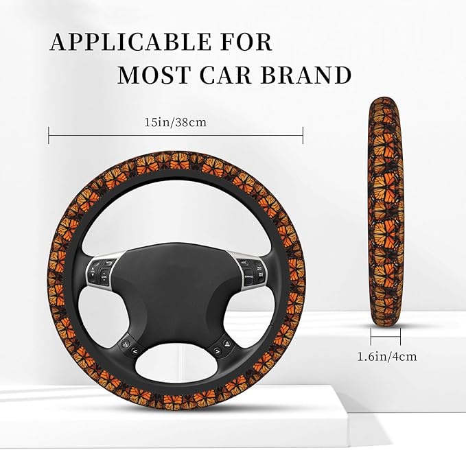 Orange Monarch-Butterflies Wings Universal Fit Steering Wheel Cover for Car, Truck, and SUV, Durable Steering Wheel Protection