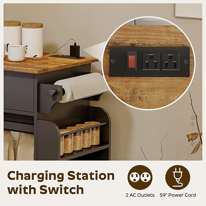 Kitchen Island with Storage, Kitchen Storage Cabinets with Charging Station, Kitchen Island on Wheels, Rolling Island Table with Sliding Cabinet Door, Black and Rustic Brown ZD01UBR