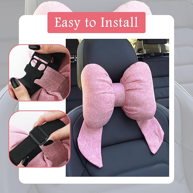 2PCS Cute Bow Car Headrest Pillow,Comfortable & Breathable Car Neck Pillows for Relief Neck Fatigue,Universal Head Rest Pillow for Cars Decoration as Birthday Gifts for Women,Girl (Pink/2PCS)