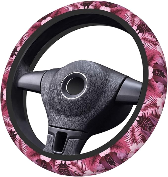 Hawaiian Tropical Flowers Car Steering Wheel Cover, 15 Inch Steering Wheel Cover Stylish Decor for Most Cars