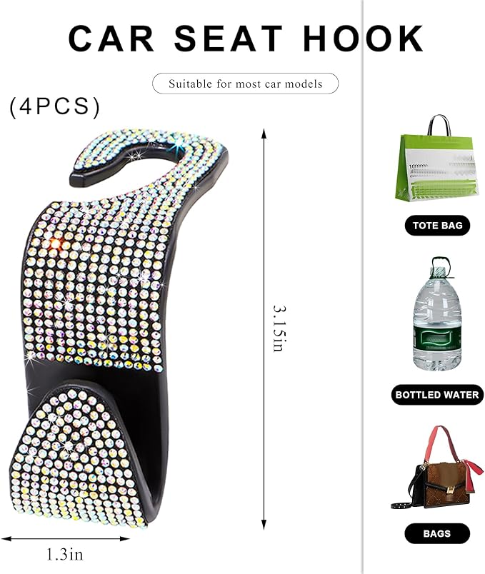 4 PCS Car Seat Headrest Hooks, Bling Crystal Rhinestone Back Seat Hanger Storage Organizer, Sparkly Seatback Holder Hooks for Purse and Bags Universal For Most Vehicles (Colorful)