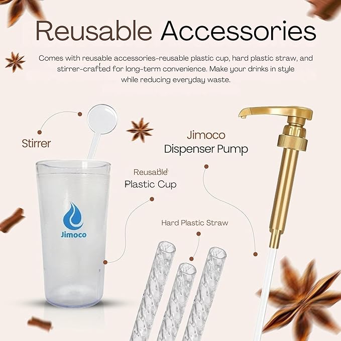 Jimoco Barista Set – Torani Sugar Free Brown Sugar Cinnamon Syrup 25.4 oz, Jimoco Pump, Reusable Cup, Straw & Stirrer – Coffee, Italian Soda & Cocktail Flavoring Kit
