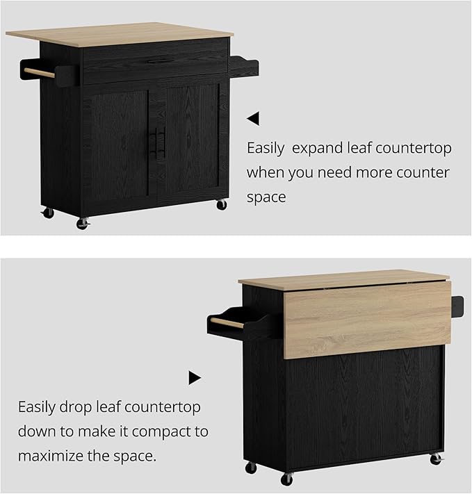 IRONCK Rolling Kitchen Island Table on Wheels with Drop Leaf, Storage Cabinet, Drawer, Spice/Towel Rack, Kitchen Cart, 47.25" Wide Black