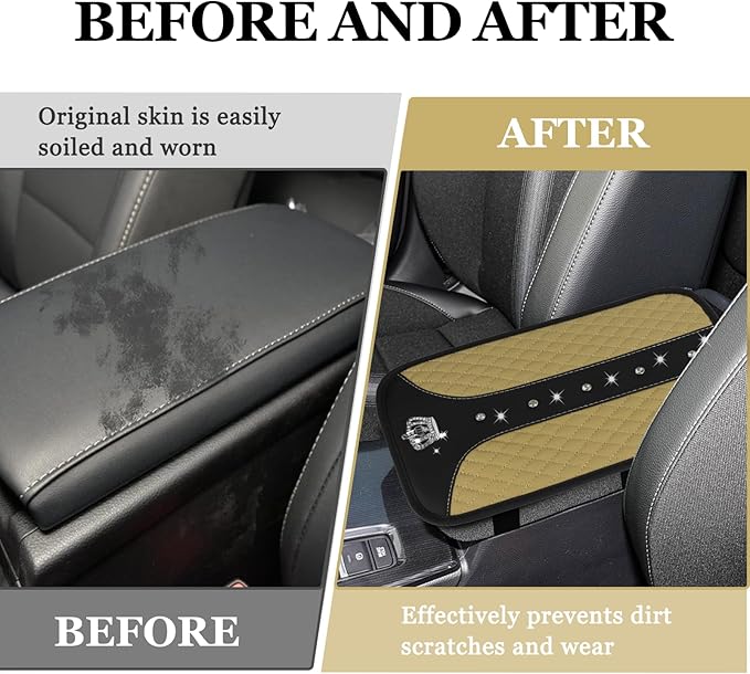 Bling Crown Car Center Console Cover, 12.7"×7.7" Armrest Cover for Cars, Waterproof Leather Arm Rest Box Pad Cushion, Universal Middle Console Cover Protector, Car Accessories (Beige)