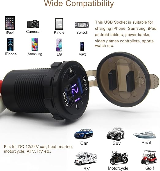 12V USB Outlet, Dual USB Quick Charge 3.0 Port & PD USB C Car Charger Socket with Voltmeter and Power Switch for Car Boat Marine Truck 2 Pack