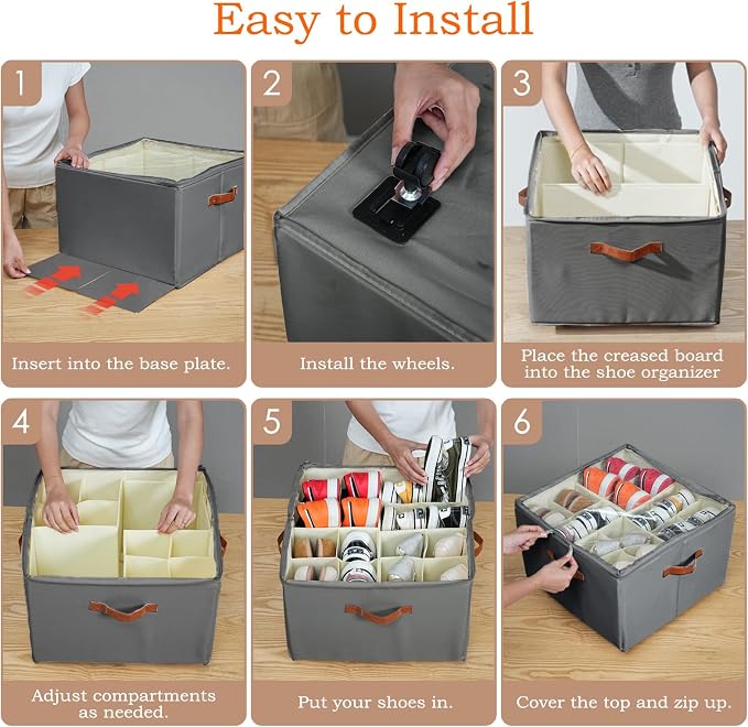 Foyego Shoe Organizer for Closet, Shoe Storage Organizer with Wheels and Adjustable Dividers, Stackable Shoe Storage Box with Clear Cover, Foldable Closet Shoe Organizer Fits up to 16-32 Pairs, Gray
