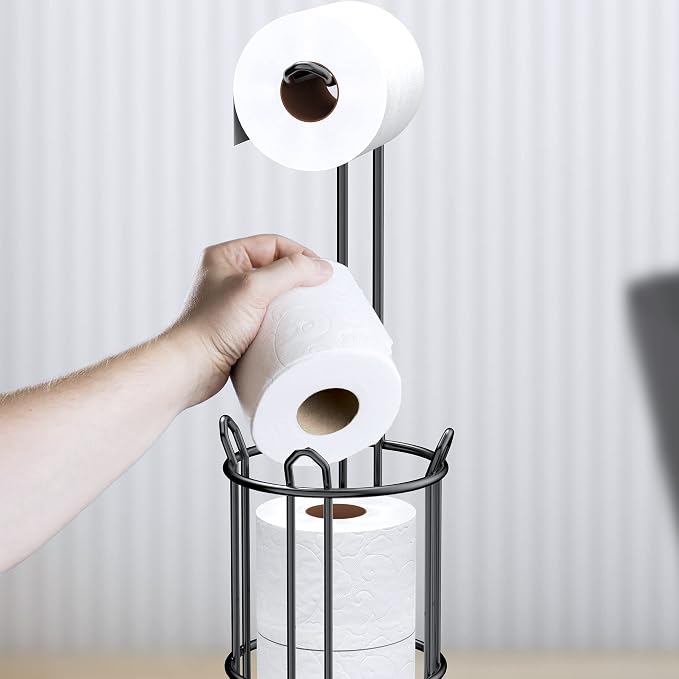 Meangood Toilet Paper Holder Stand and Tissue Paper Roll Dispenser for 4 Mega Rolls, Bathroom Free Standing Tissue Roll Storage Holder Rack, Metal Wire (Black)