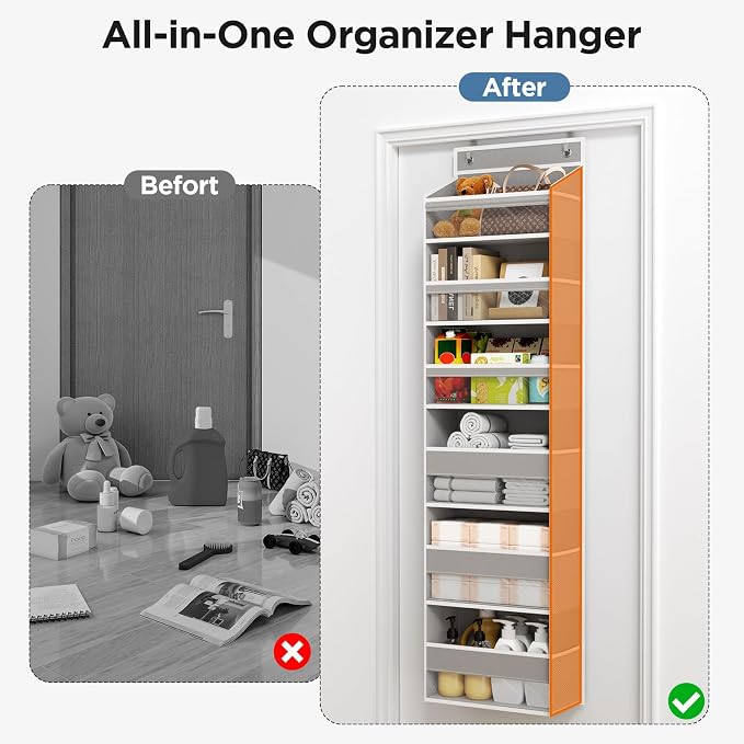 6 Tiers Over The Door Organizer, Heavy Duty Hanging Organizer Storage with Large Capacity Pockets, Behind Door Storage Hanging Shelves for Closet Wall Bathroom Bedroom Nursery Pantry, 1 Pack Grey