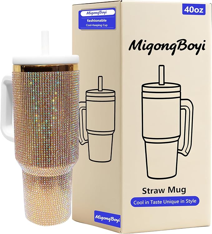 40-OZ Insulated Water Bottle,Insulated Stainless Steel Tumbler,Reusable Cold Drink Thermos,BPA-Free, Double-Wall Stainless Steel Water Bottle (Golden Copper Color-Diamond, 40, Fluid Ounces)