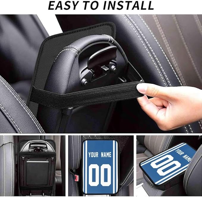 Custom Car Armrest Cover,Add Personalized Name and Number As Gifts for Loyal Football Fans,American Football Auto Center Console Pad Car handrail Box Cushion,Fit for Most Car Seat Box Cover Protector