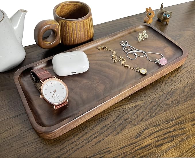 Muso Walnut Serving Tray - Solid Wood Small Rectangle Platter for Bathroom, Dinner, Tea, Coffee (11.8 x 5 in)