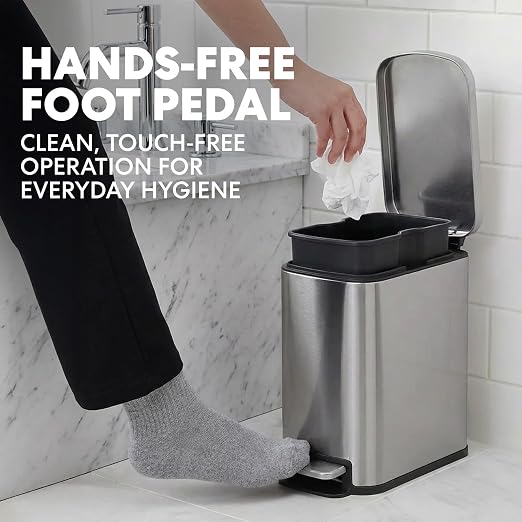 SIMPLI-Magic 6L/1.6G Stainless Steel Bathroom Trash Can with Hands-Free Foot Pedal, Quiet Soft-Close Lid, Compact Space-Saving Size