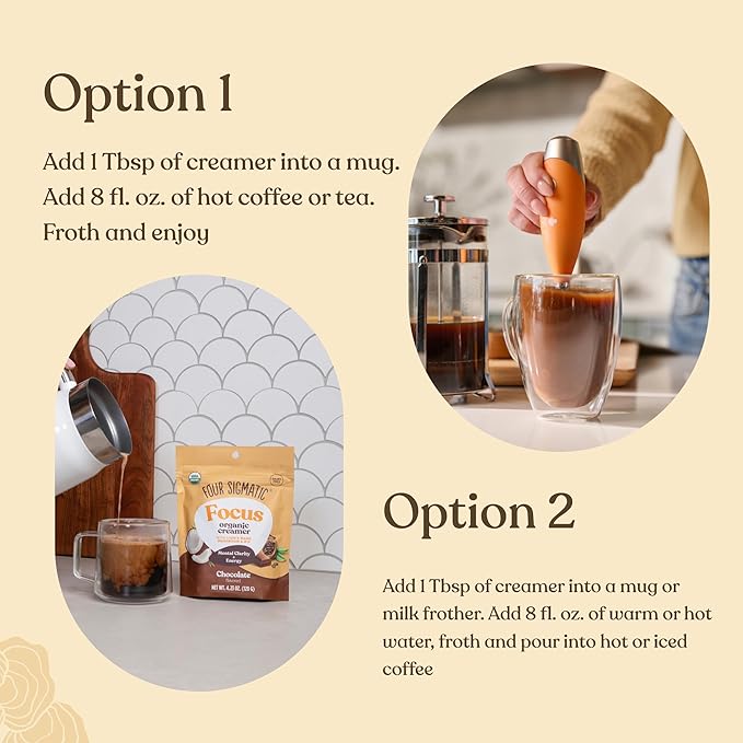 Four Sigmatic Focus Chocolate Coffee Creamer | Organic Non Dairy Coffee Creamer with Lion’s Mane and Vitamin B12 | Chocolate, 4.23 oz