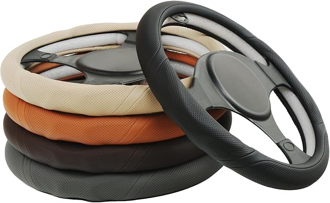 ALEMODR Black Leather Steering Wheel Cover Universal 15 inch