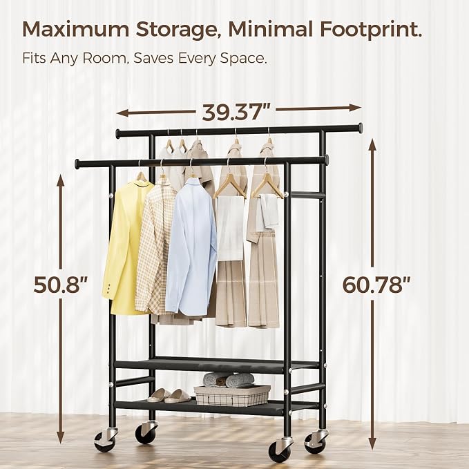 HYSEYY Rolling Clothes Racks, Double Rods Clothing Rack