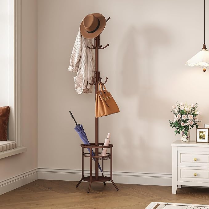 ELYKEN Coat Rack Freestanding, Metal Coat Rack Stand with Umbrella Holder, Modern Coat Tree with 12 Hooks, Floor Standing Corner Hall Tree for Entryway Living Room Bedroom Office, Brown