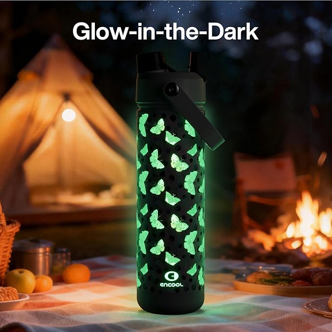 ENCOOL Insulated Water Bottle with Straw Stainless Steel Water Bottle, Glow in the Dark, Leak-Proof, BPA-Free, Keeps Cold for 24 Hours for Sports, Travel, School (26 oz, White Butterfly)