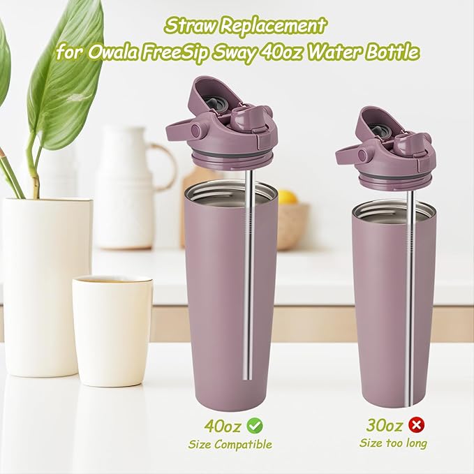 6Pcs Metal Straw Replacement Compatible With Owala FreeSip Sway 40oz Water Bottle, With 2 Straw Cleaner, Reusable Stainless Steel Straws for Owala