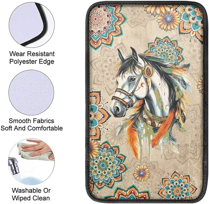 Horse Print Armrest Cover Pad for Car Boho Mandala Flower Print Car Center Console Cushion Pad Universal Auto Decor for Truck Sedan SUV