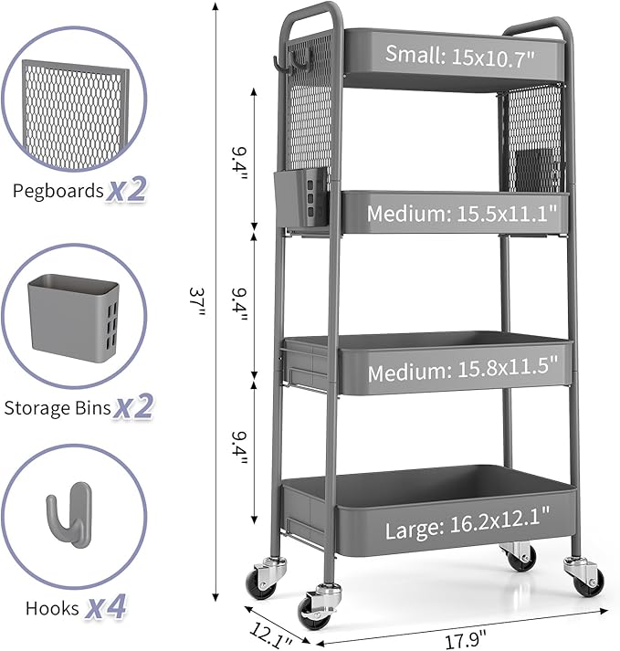TOOLF 4 Tier Rolling Cart with Pegboard, Metal Storage Organizer Cart with Wheels, Hooks & Bins Esthetician Craft Art Sturdy Storage for Bathroom, Kitchen, Office, Nursery Diaper