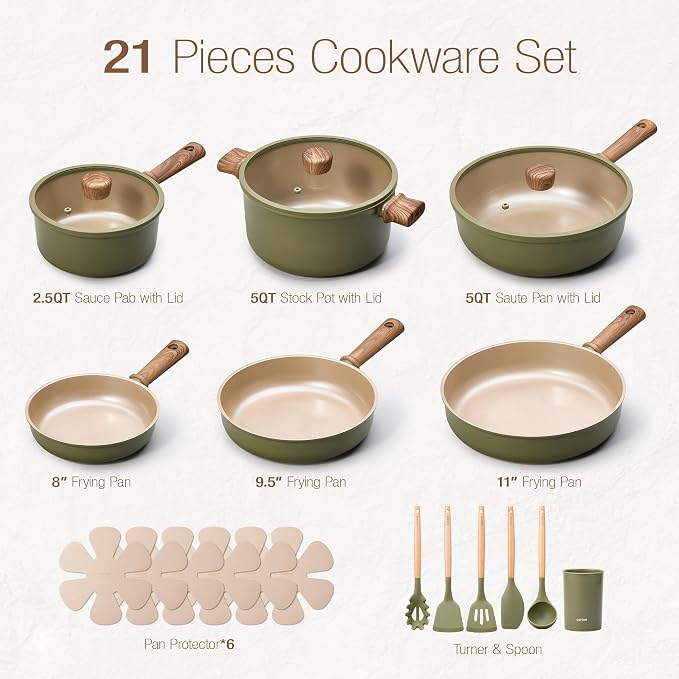 CAROTE 21pcs Ceramic Cookware Set Nonstick Pots and Pans set, Induction Cookware Set Kitchen Cooking Sets, Pot and Pan Non Stick w/Frying pan (PFOS, PFOA Free), Green