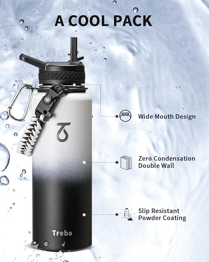 Trebo Water Bottle 40oz with Paracord Handle, Half Gallon Large Vacuum Double Wall Stainless Steel Insulated Water Jug with Holder Strap Straw Spout Lids, Leakproof Keep Cold & Hot,Black and white
