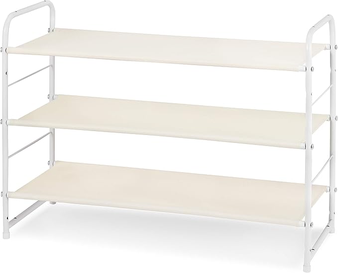Simple Trending 3-Tier Stackable Shoe Rack, Expandable & Adjustable Fabric Shoe Shelf Storage Organizer, White
