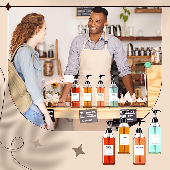 Nuogo 6 Pcs Coffee Syrup Dispenser Bottles Set 750ml, 500ml, 300ml, 150ml PET Black Syrup Bottles with Pump Dispenser 27 Labels for Coffee Bar Kitchen Accessories Portable Travel(11.8 oz,Prismatic)