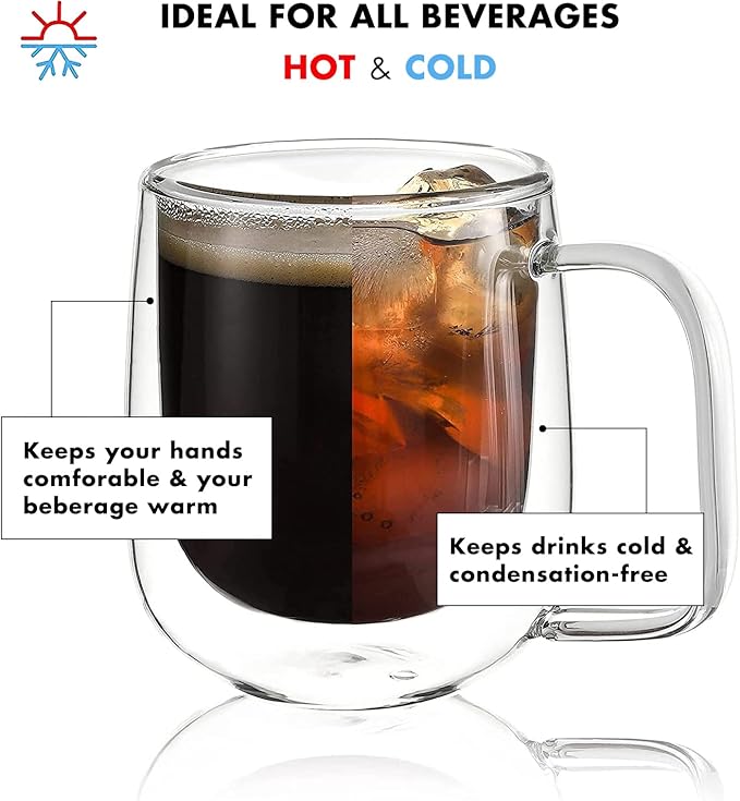 vzaahu Double Wall Coffee Mugs with Handle [2-Pack,12 Oz] 360ml Glasses Espresso Cups of Heat Resistant Clear Glass Mug Set for Cappuccino, Tea, Latte, Ice Beverage