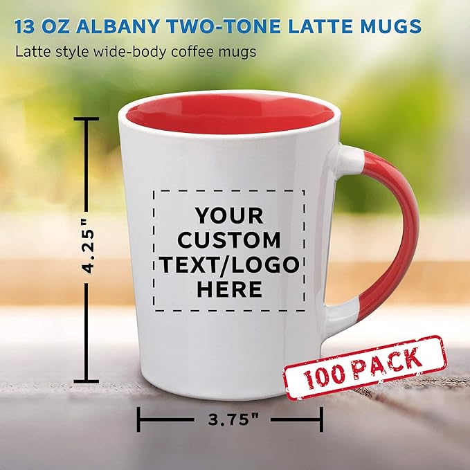 Custom Ceramic Latte Coffee Mugs by Albany 13 oz. Set of 100, Personalized Bulk Pack - Perfect for Coffee, Tea, Espresso, Hot Cocoa, Other Beverages - Red
