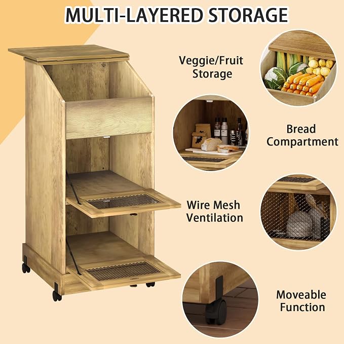 Potato and Onion Storage Bin with Wheels, 3 Tier Wooden Potato Storage Cabinets with Mesh Doors, Farmhouse Movable Fruit and Vegetable Box, Wood Bread Box for Kitchen (Brown)