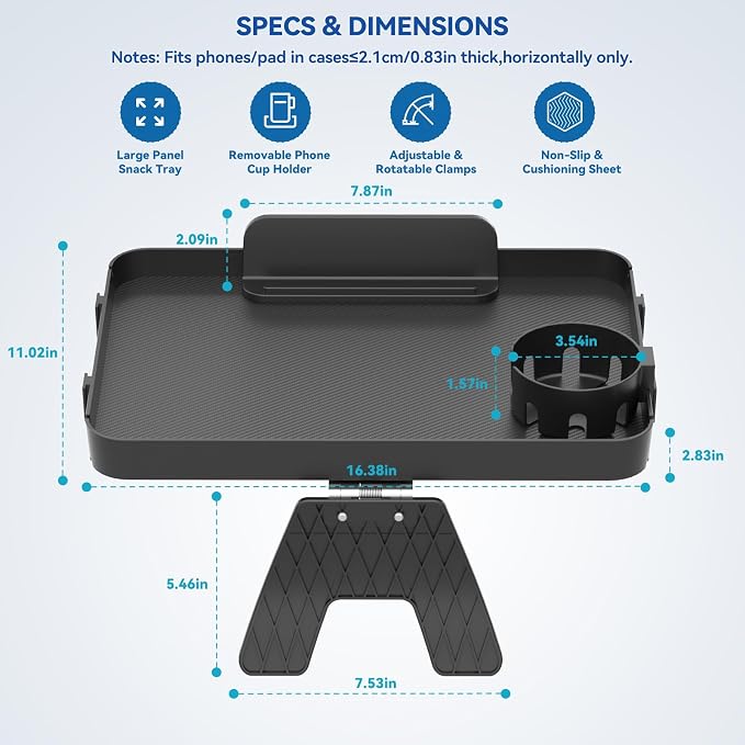 Couch Armrest Table Couch Arm Tray Cup Holder Plastic Armchair Caddy Recliner Arm Caddy Large Sofa Armrest Organizer Adjustable Clip on Snack Tray Drink Holder Removable Phone Pad Holder 16.38x11.02''