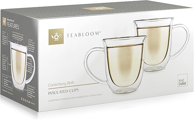 Teabloom Double Walled Borosilicate Glasses – Set of 2 Insulated Glass Cups for Tea, Coffee and More - 8 oz / 240 ml – Canterbury Bells Collection