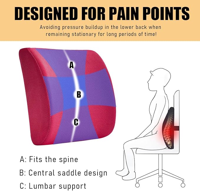 Lumbar Support Pillow, Memory Foam Back Support Cushion, Lumbar Pillow Improving Sitting Posture & Back Pain Relief Suitable for Car, Office Chair, Car Accessories (Rose Red)