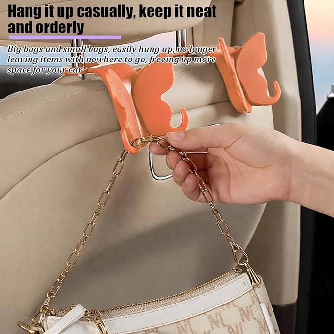 2PCS Car Seat Headrest Hook, Cute Butterfly Backseat Storage Hanger Organizer for Purse Handbag Umbrella, Auto Interior Seat Back Hook Holder Decor, Universal for SUV Truck Van (Orange)