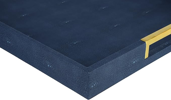 HofferRuffer Faux Leather Serving Tray with Gold Metal Handles, Stylish Decorative Tray Organizer for Coffee Table, Ottoman, Home Decor and Serving (Blue Shagreen, 18.9" x 18.9" x 2")
