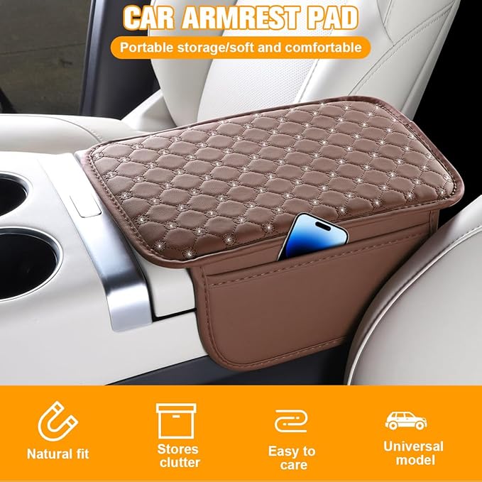 Bling Car Center Console Cover, Leather Crystal Rhinestone Vehicle Armrest Cushion Pad with Side Storage Bags, Scratch Resistant Auto Middle Console Protection Mat, Universal Fit (Coffee)